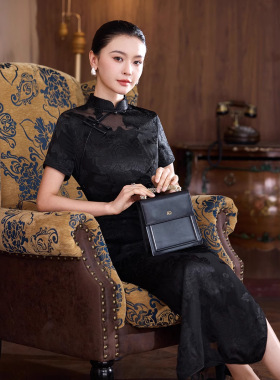 2026春夏装新款 新中式复古提花100%桑蚕丝真丝黑色长款旗袍礼服