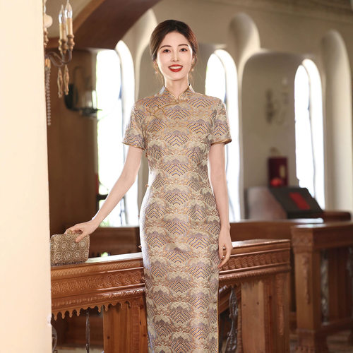 非遗宋锦桑蚕丝中长款旗袍礼服裙