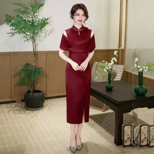 喜妈妈喜婆婆时尚露肩旗袍礼服