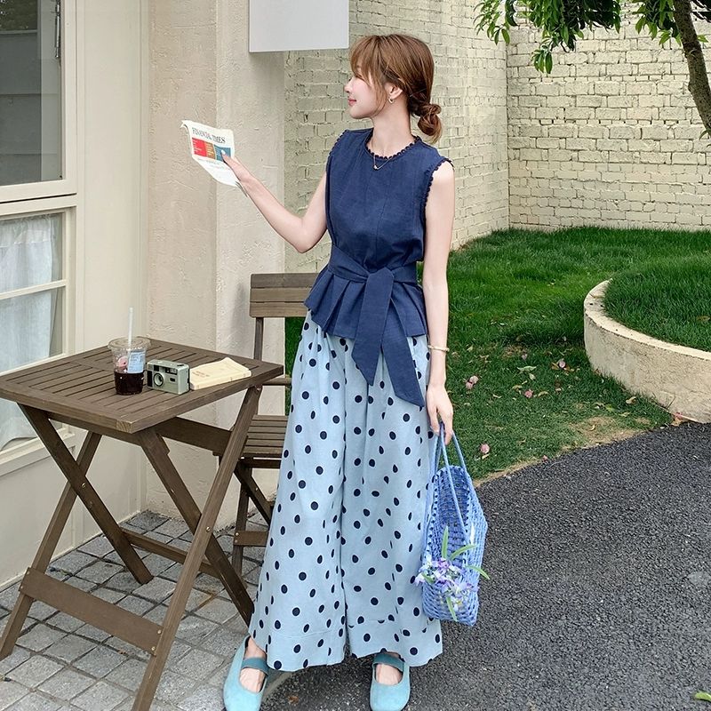 法式复古松弛感背心套装女夏季2025新款无袖上衣波点阔腿裤两件套