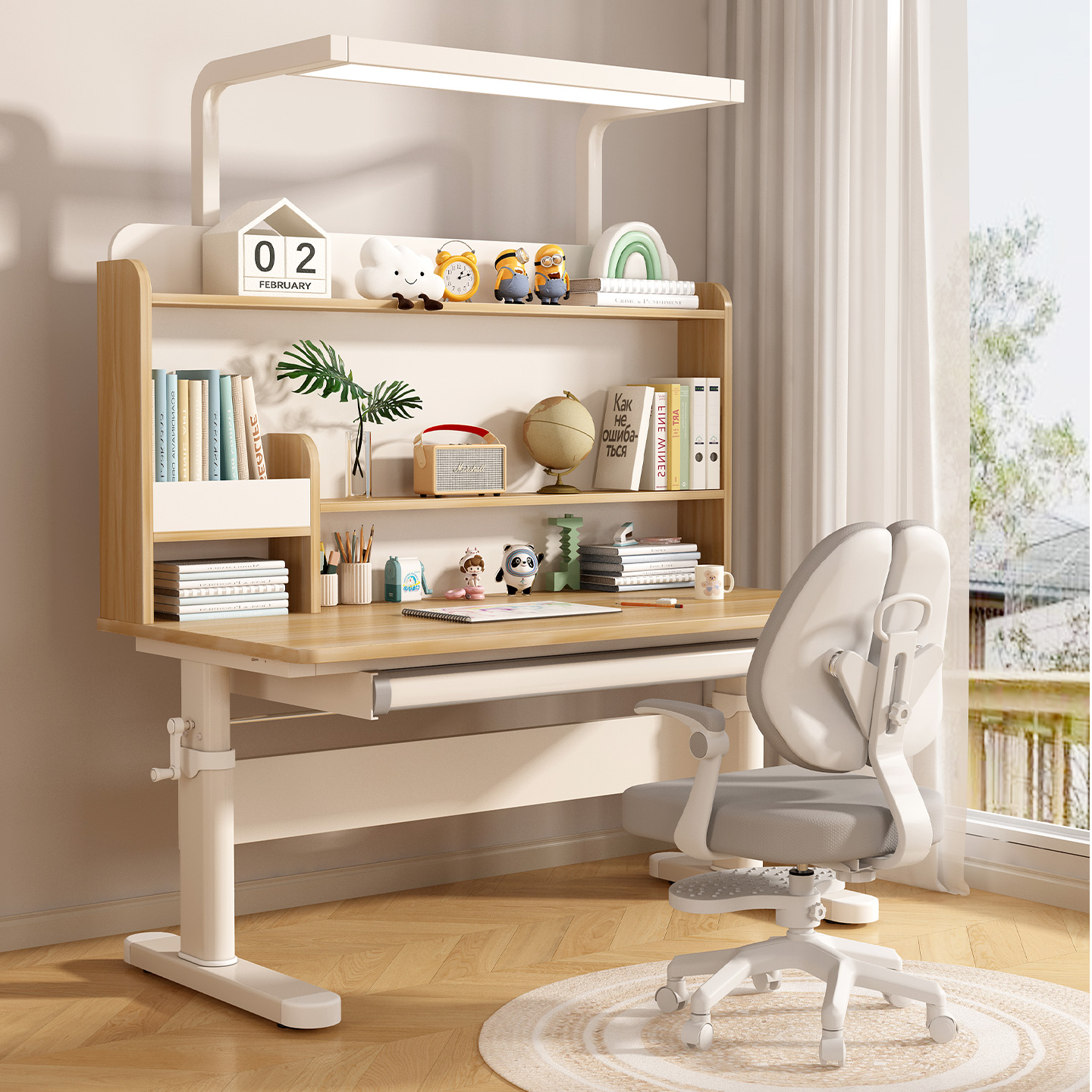 儿童手摇升降学习桌书柜一体桌