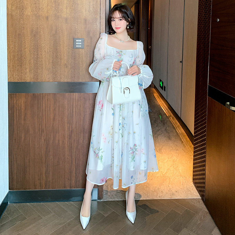 miuco弗里达花径宫廷法式大码方领高腰欧根纱连衣裙【现货】