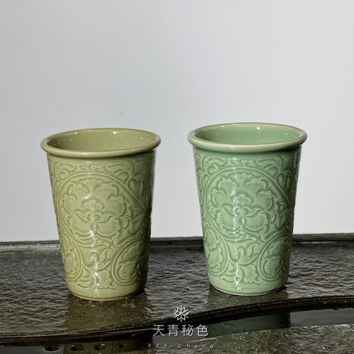 仿宋耀州窑功夫茶具单杯茶杯陶瓷半手工缠枝牡丹纹可乐杯300ml