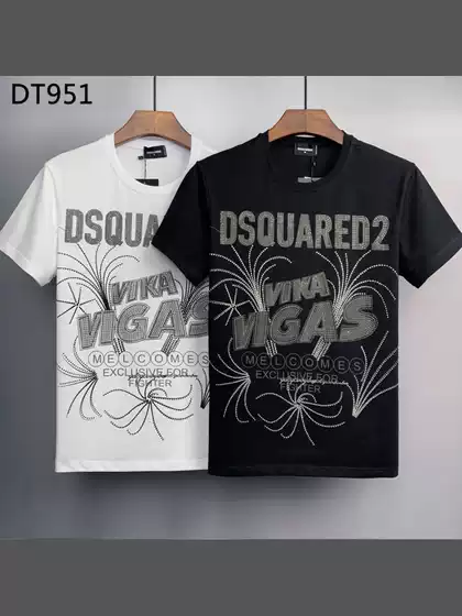 European and American D2 Short-Sleeve T-Shirt for Men, Dsq2 Rhinestone Letter Fireworks Round Neck Milan Trendy Casual Pure Cotton Top