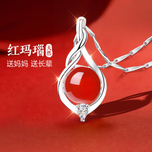 999纯银水滴银项链女款女999足银女士妈妈款红玛瑙红色吊坠送妈妈