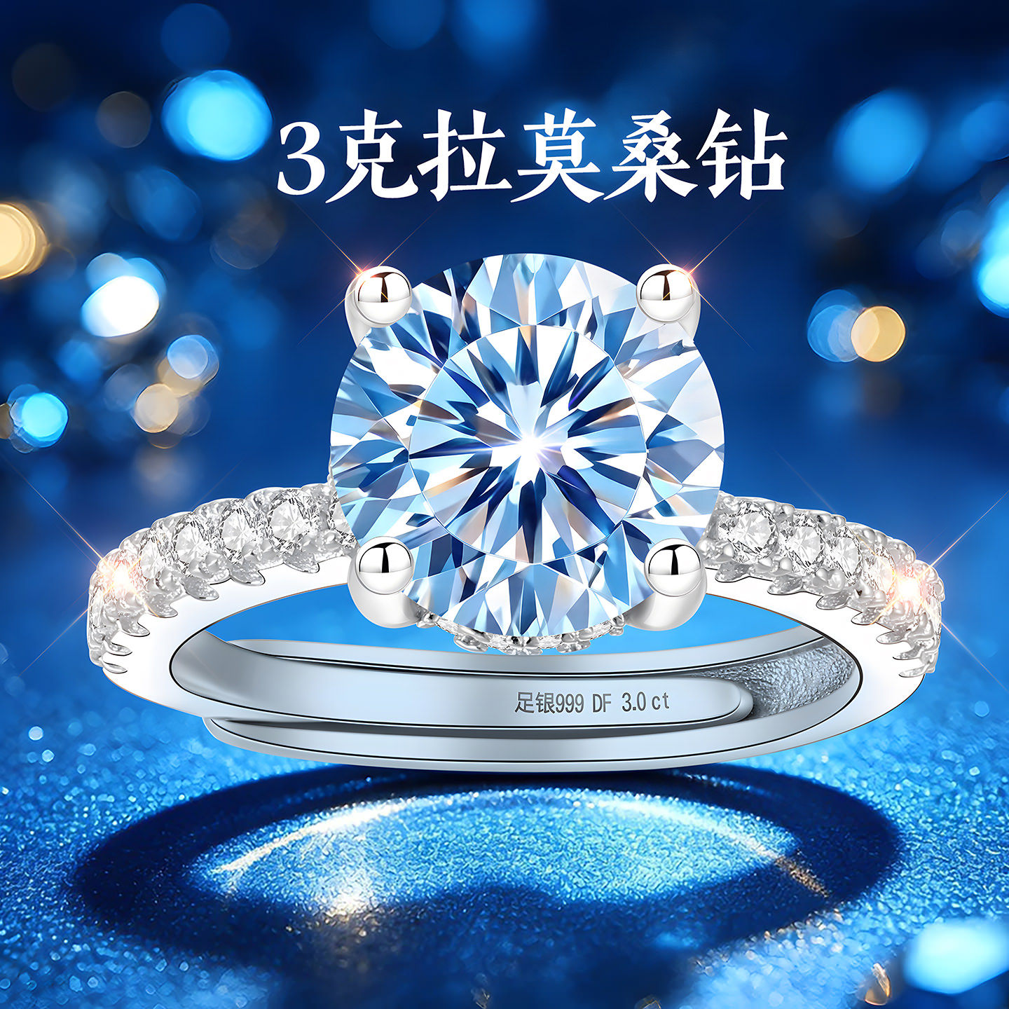 999纯银莫桑石莫桑钻银戒指3克拉钻戒女款女士女求婚婚戒送女朋友