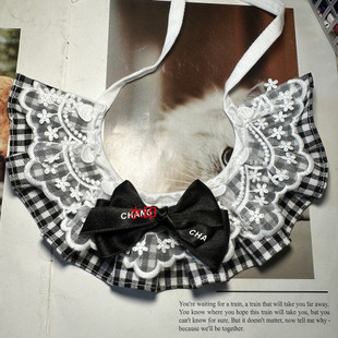 黑格子蝴蝶结宠物蕾丝花边口水巾格子狗狗饰品猫咪围嘴法牛围巾