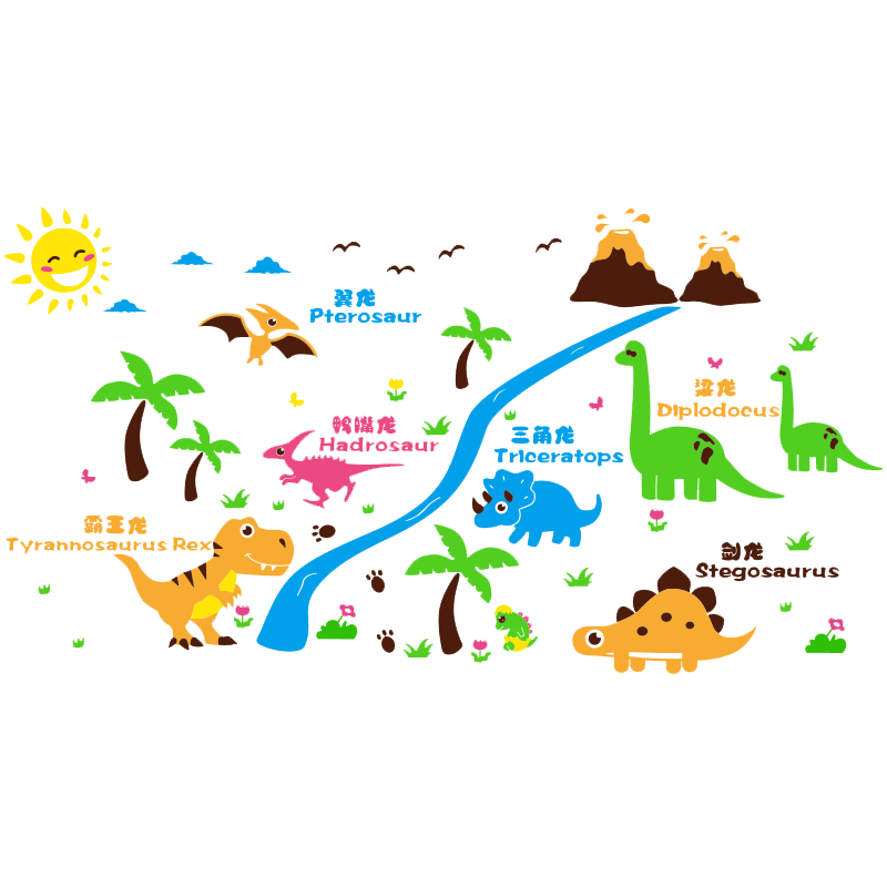 恐龙卡通幼儿园布置3d立体墙贴画男孩卧室背景自粘儿童房墙面装饰图片