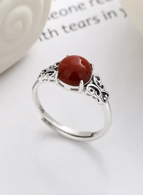 云潮轩s925纯银南红蛋面复古精致款戒指古典气质古风小众设计女
