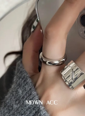 戒指日韩S925银个性宽边女复古时尚重工几何开口指环食指戒