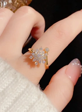 小众独特设计感满钻旋转雪花开口戒女网红个性百搭食指戒配饰品