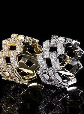 欧美嘻哈铜镶锆石古巴链戒指男士小众设计感重工几何型潮酷指环