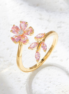 新款轻奢麦穗花朵开口戒指小众高级感真金电镀食指戒精可调节指环