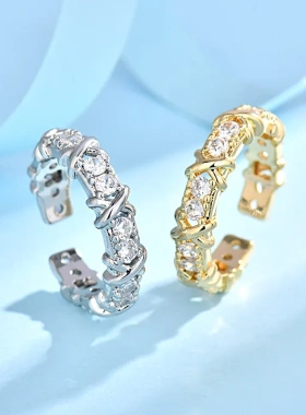 新款欧美嘻哈潮流轻奢高级感满钻双色交叉开口戒指女简约个性指环