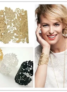 欧美时尚潮流复古夸张树叶镀金缕空女士宽口蕾丝花边手镯