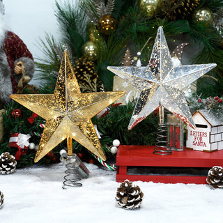 圣诞装饰金银红五角星发光电池盒树顶星摆设圣诞树顶部星星灯摆件