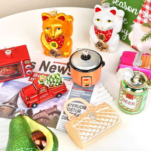 圣诞装饰玻璃彩绘招财猫汽车挂饰