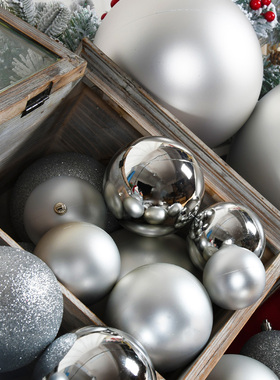 橱窗布置银色装饰球亮光闪粉塑胶圆球6-30CM银球圣诞装饰吊顶挂饰