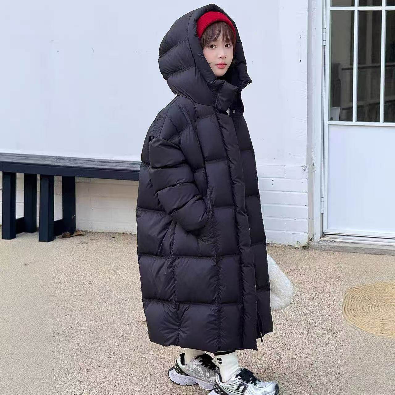 韩版童装长款羽绒服男女童加厚保暖连帽宽松黑色过膝外套大童冬装