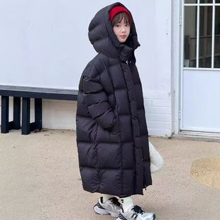 韩版童装长款羽绒服男女童加厚保暖连帽宽松黑色过膝外套大童冬装