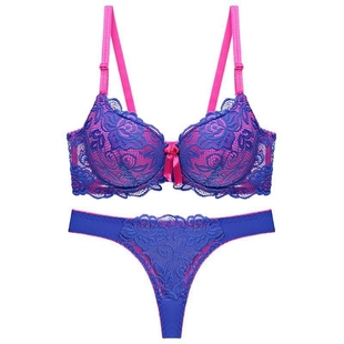 欧美时尚拼色少女蕾丝性感文胸丁字裤套装 聚拢调整薄杯大码内衣