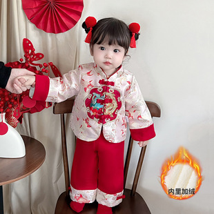 儿童衣服喜庆拜年服汉服 3975冬装 宝宝中式 加绒两件套汉服女童套装