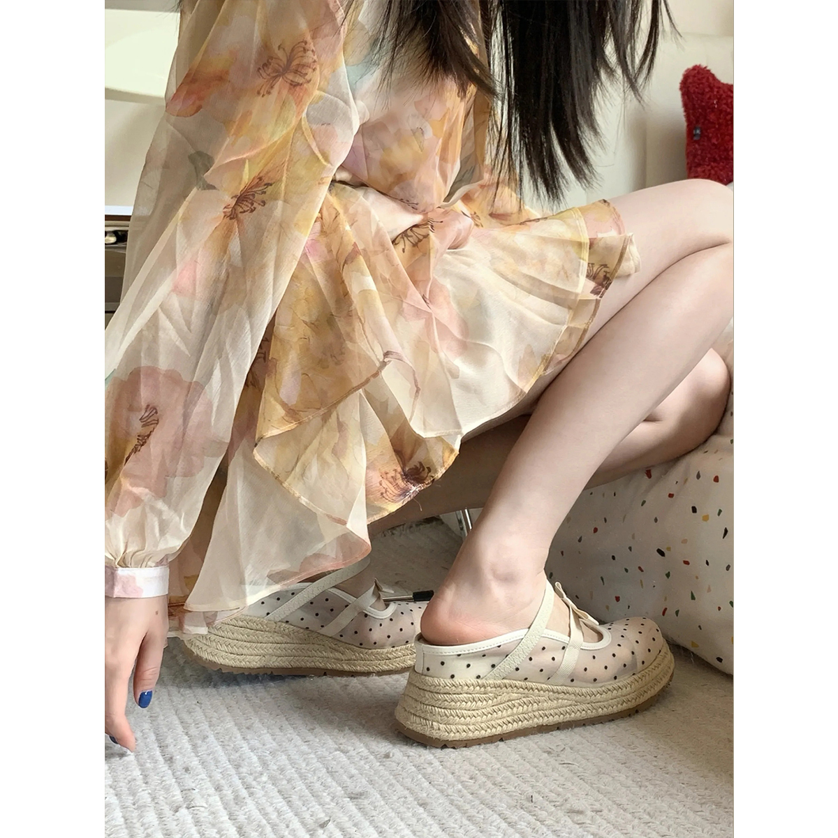 小个子坡跟凉鞋女款2025新款夏季外穿休闲包头半拖网纱厚底凉拖鞋
