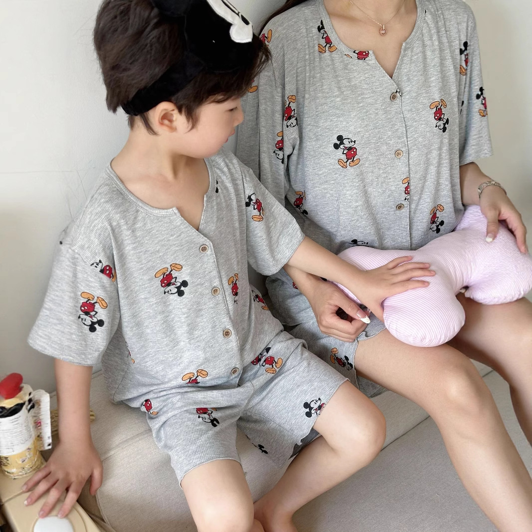 夏季儿童莫代尔短袖短裤亲子睡衣套装男女童薄款开衫冰凉家居服