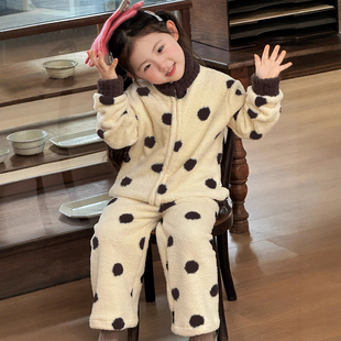 2025新款冬季珊瑚绒儿童睡衣半边绒家居服套装拉链款男女童可外穿