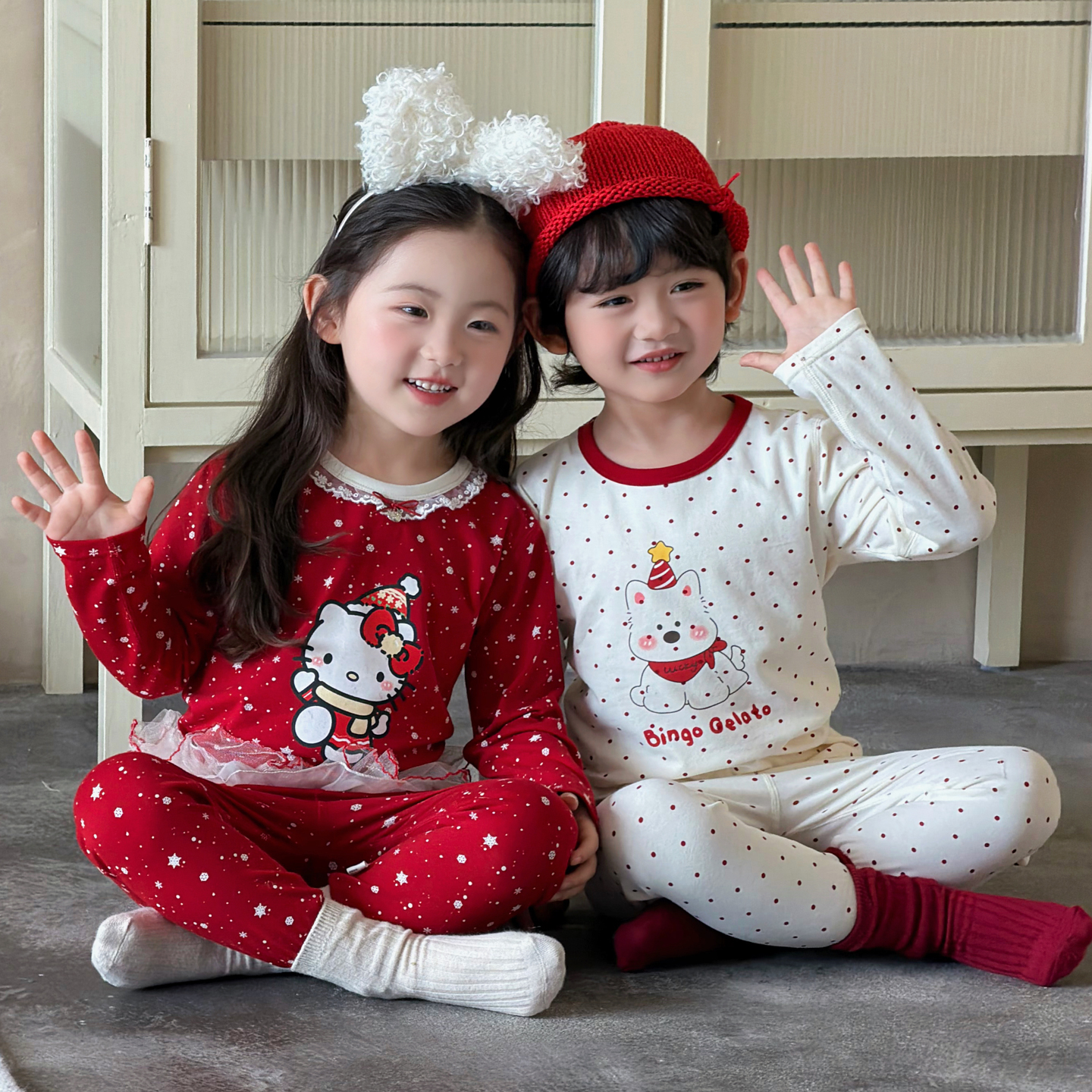 儿童秋衣秋裤大红睡衣套装女童纯棉贺岁东北大花男本命年打底内衣