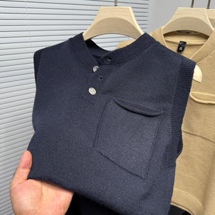 毛衣背心男马甲小立领纽扣春秋季男装无袖坎肩针织衫外套宽松上衣