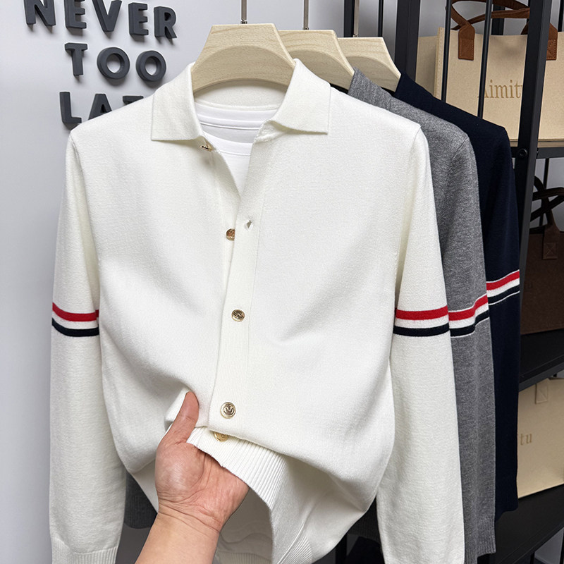 高端品牌毛衣开衫男针织衫外套翻领春秋季男装修身条纹撞色休闲潮,男装,针织衫/毛衣,淘宝优惠券,粉丝福利购,淘宝优惠卷