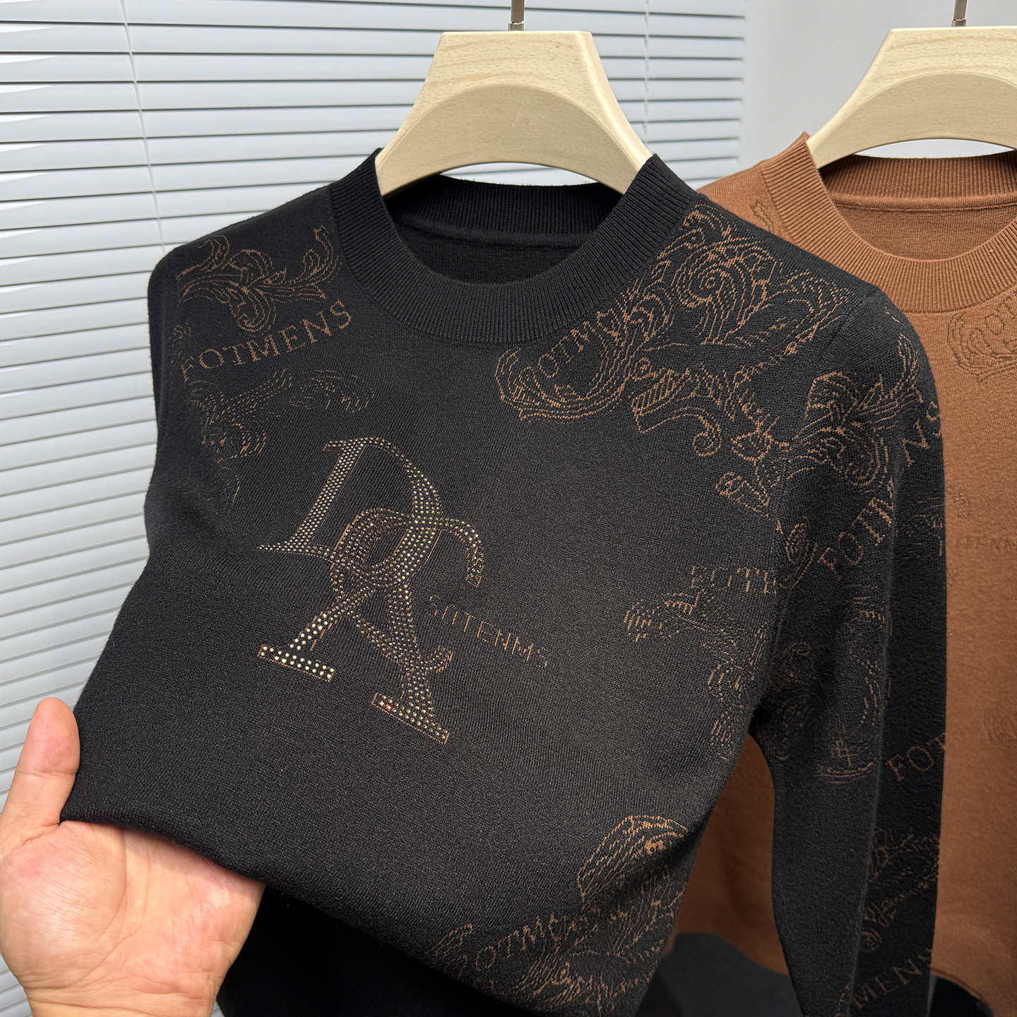 提花毛衣男圆领薄款针织打底衫