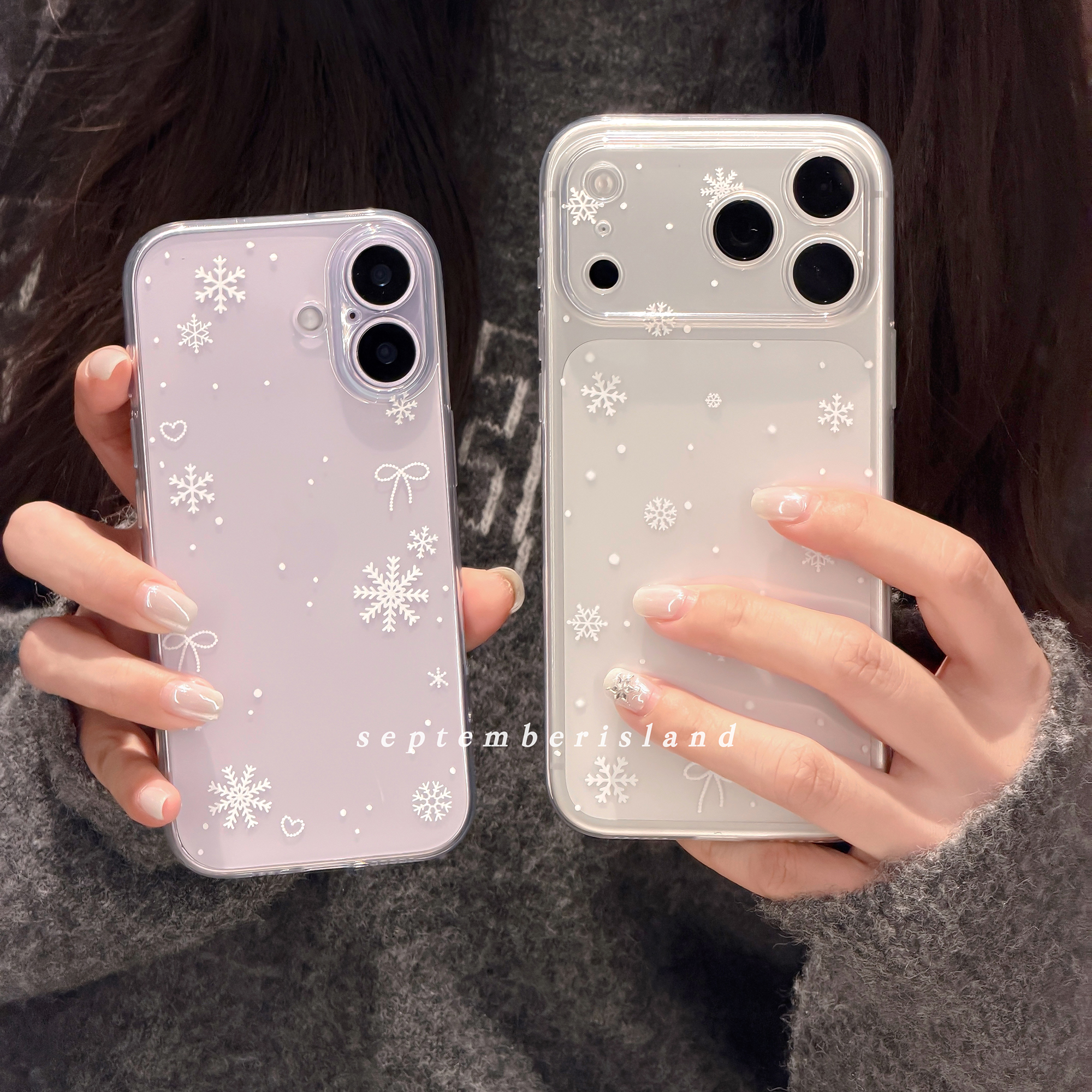 九月岛屿原创冬日清新雪花透明壳适用苹果17promax手机壳15pro全包6防摔16promax软壳13pro简约tpu少女心17紫