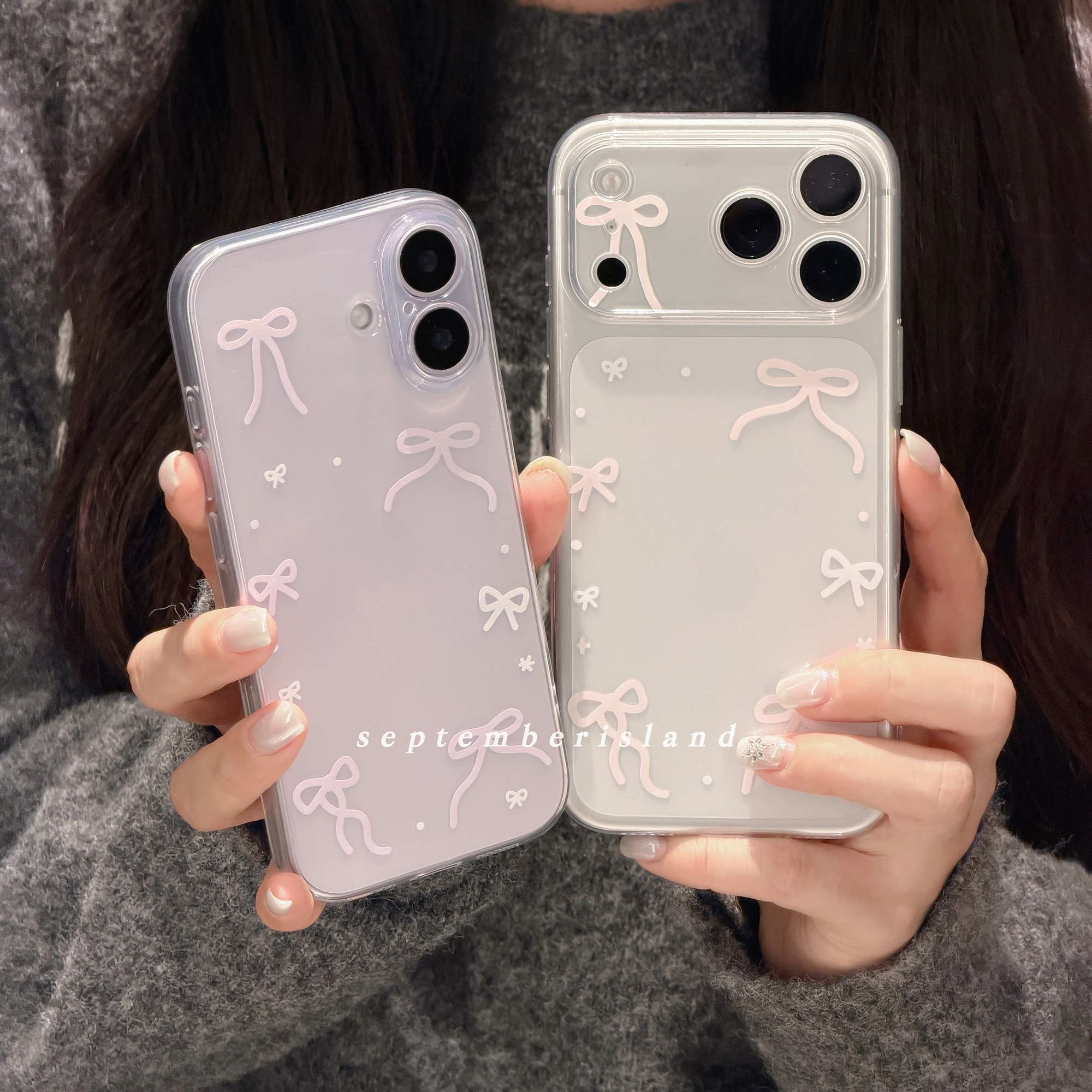 九月岛屿原创相框蝴蝶结透明适用苹果17promax手机壳15pro全包6防摔16promax软壳13pro简约tpu少女心17紫