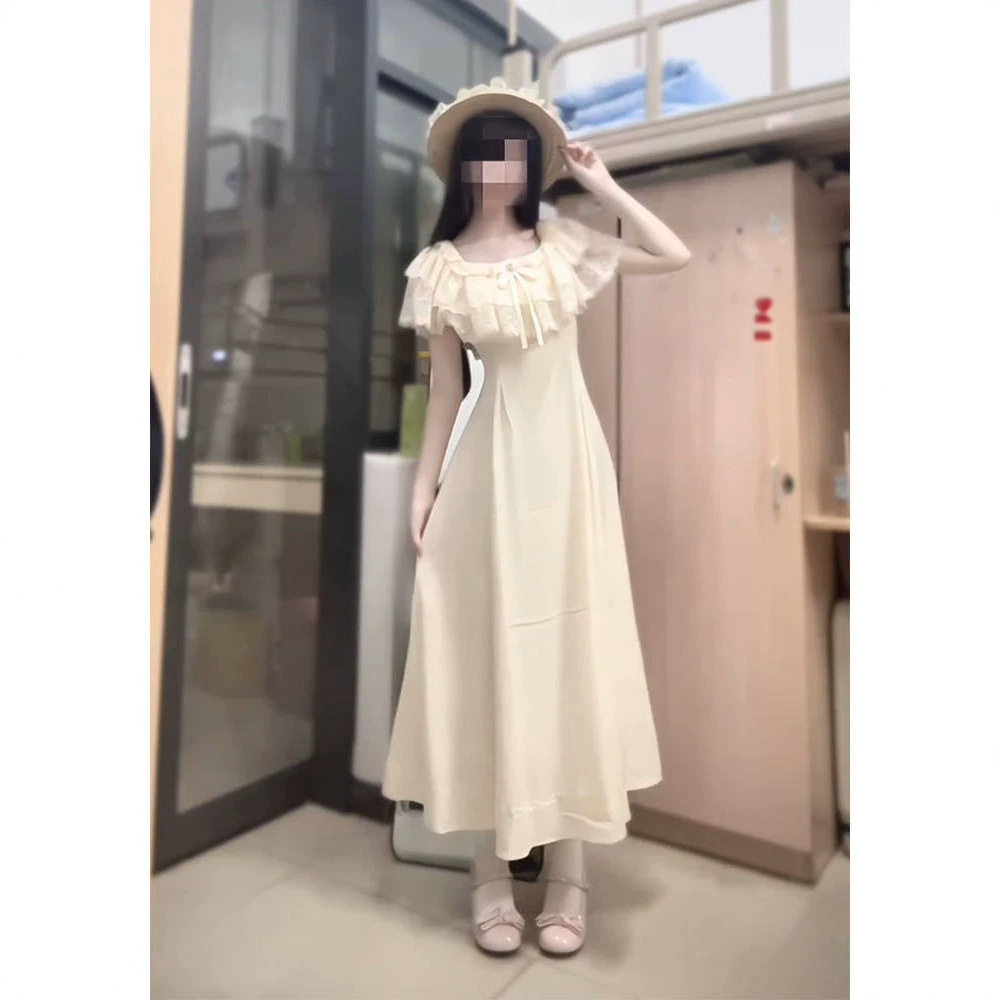 法式超仙蝴蝶结温柔风蕾丝花边连衣裙夏季甜美减龄收腰显瘦长裙