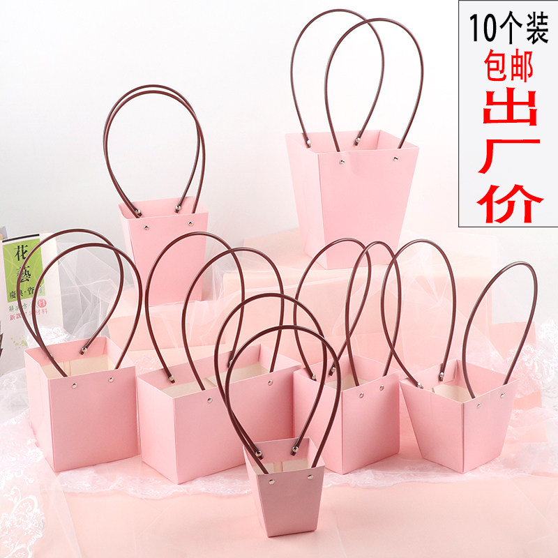 节日鲜花盒手提袋防水网红牛皮纸韩式插花束长方形礼物花篮包装盒