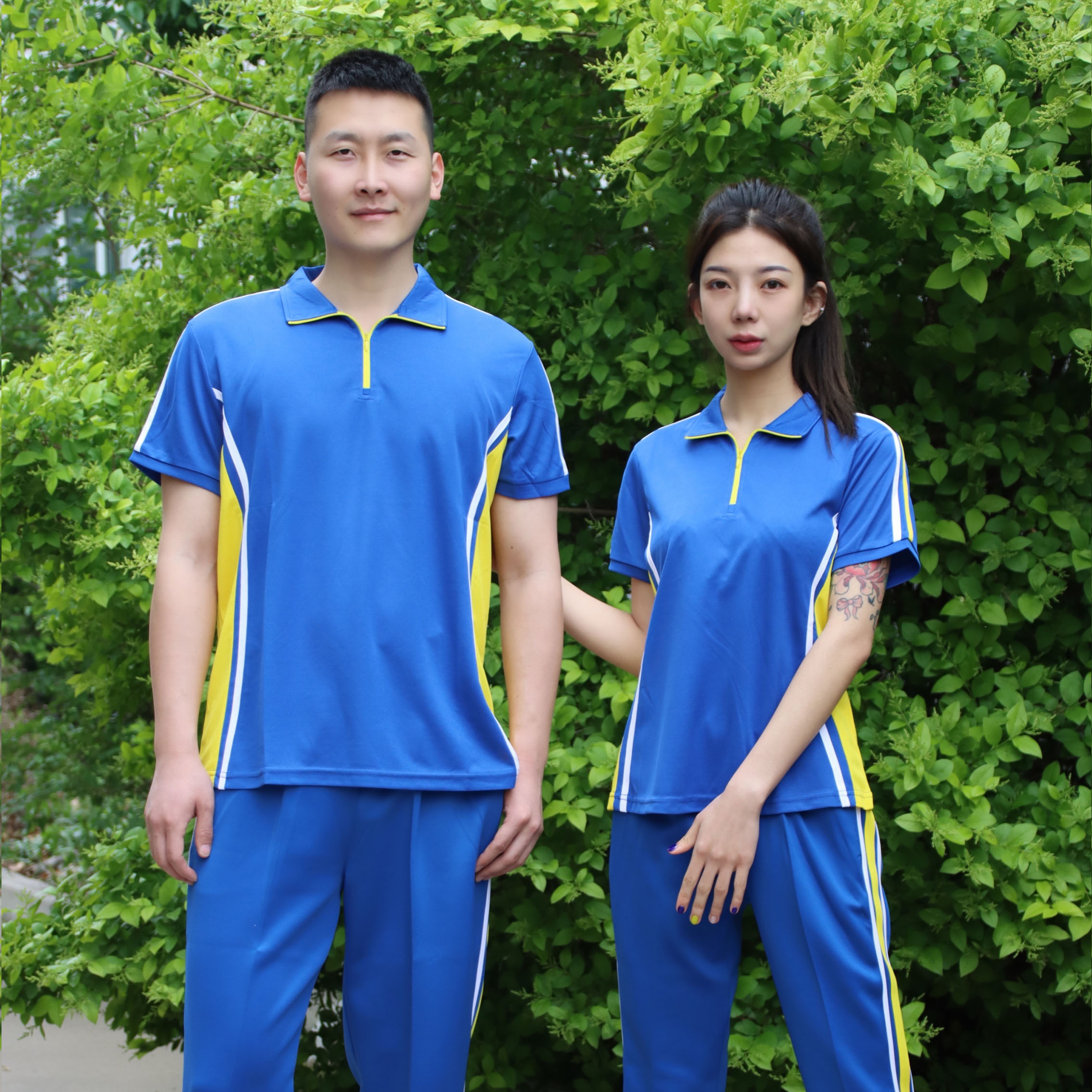 红安体育夏季新款翻领网眼速干短袖运动套装男女式广场舞健身操服