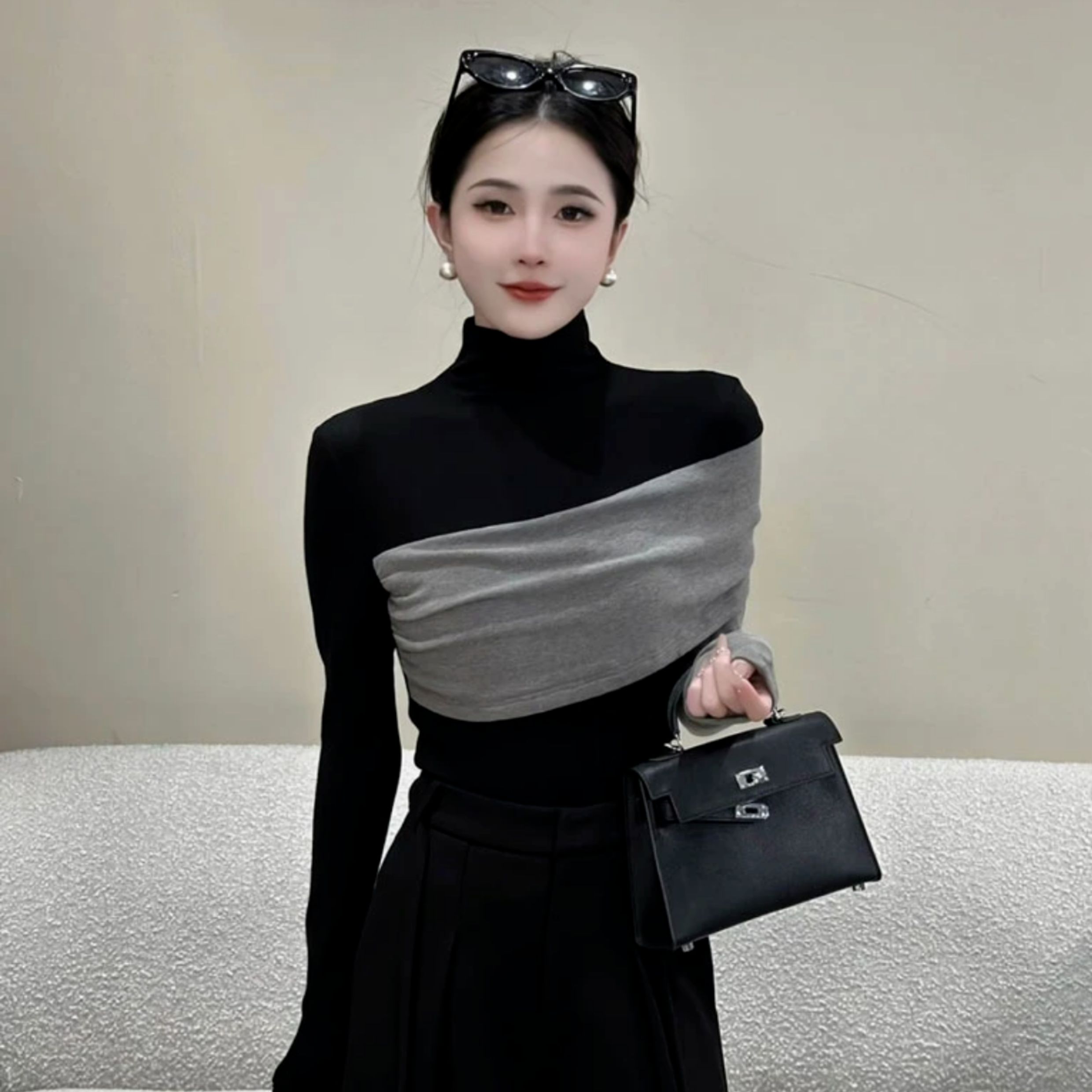 欧货时尚洋气撞色拼接长袖T恤女秋冬2025新款不规则内搭打底上衣