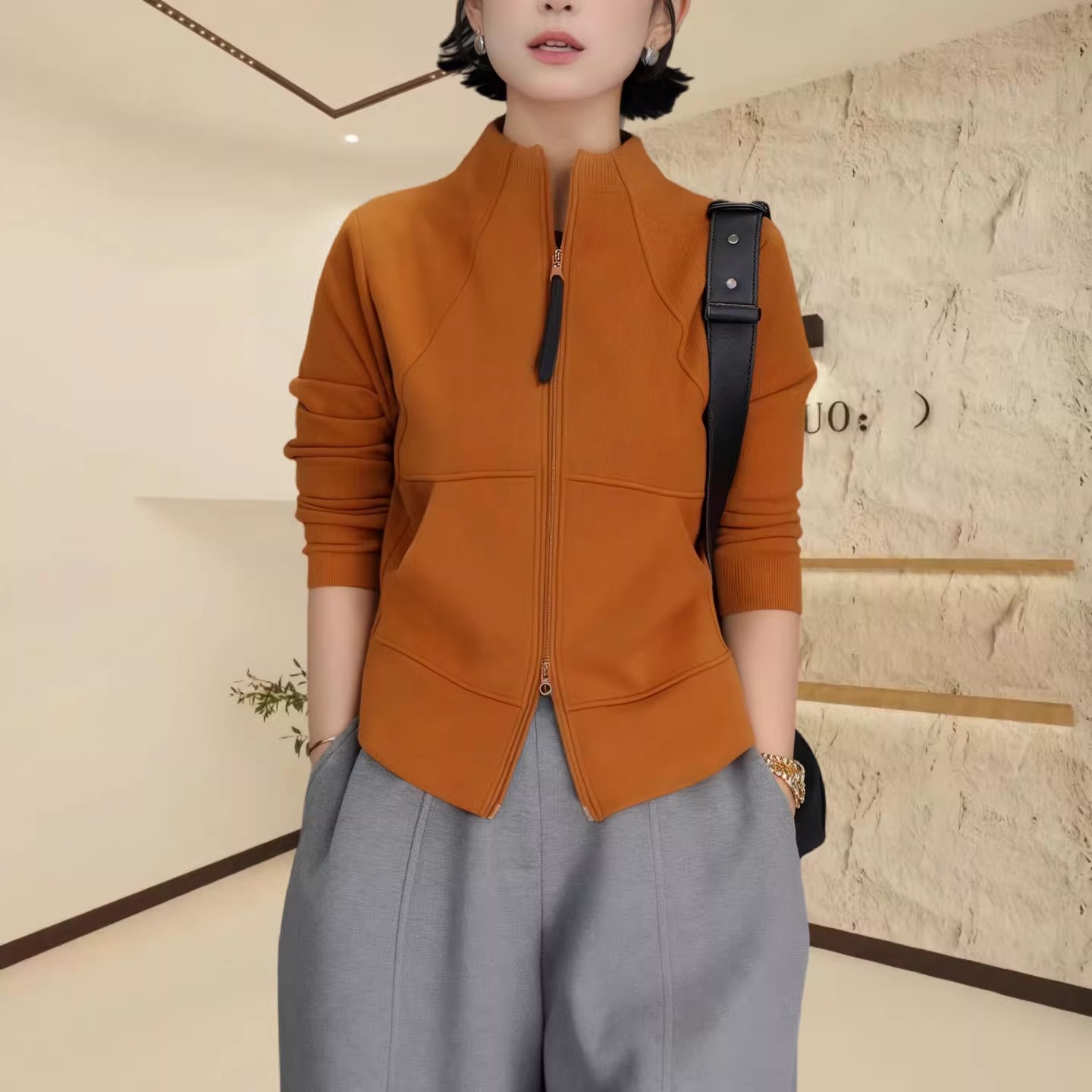 双腰线长袖外套女士秋季新款大码拉链口袋时尚气质宽松百搭夹克女