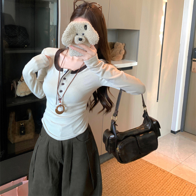 复古正肩撞色磨毛加厚打底衫女