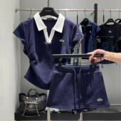 2026夏季 两件套女 刺绣半身裙裤 简约正肩短袖 复古撞色POLO领T恤