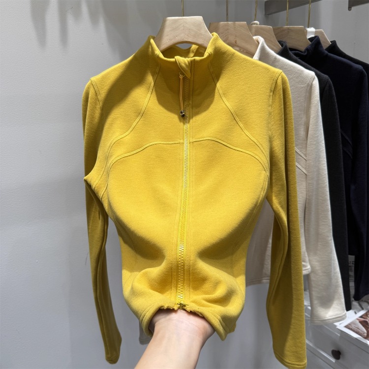 半高领双拉链磨毛薄绒长袖t恤女