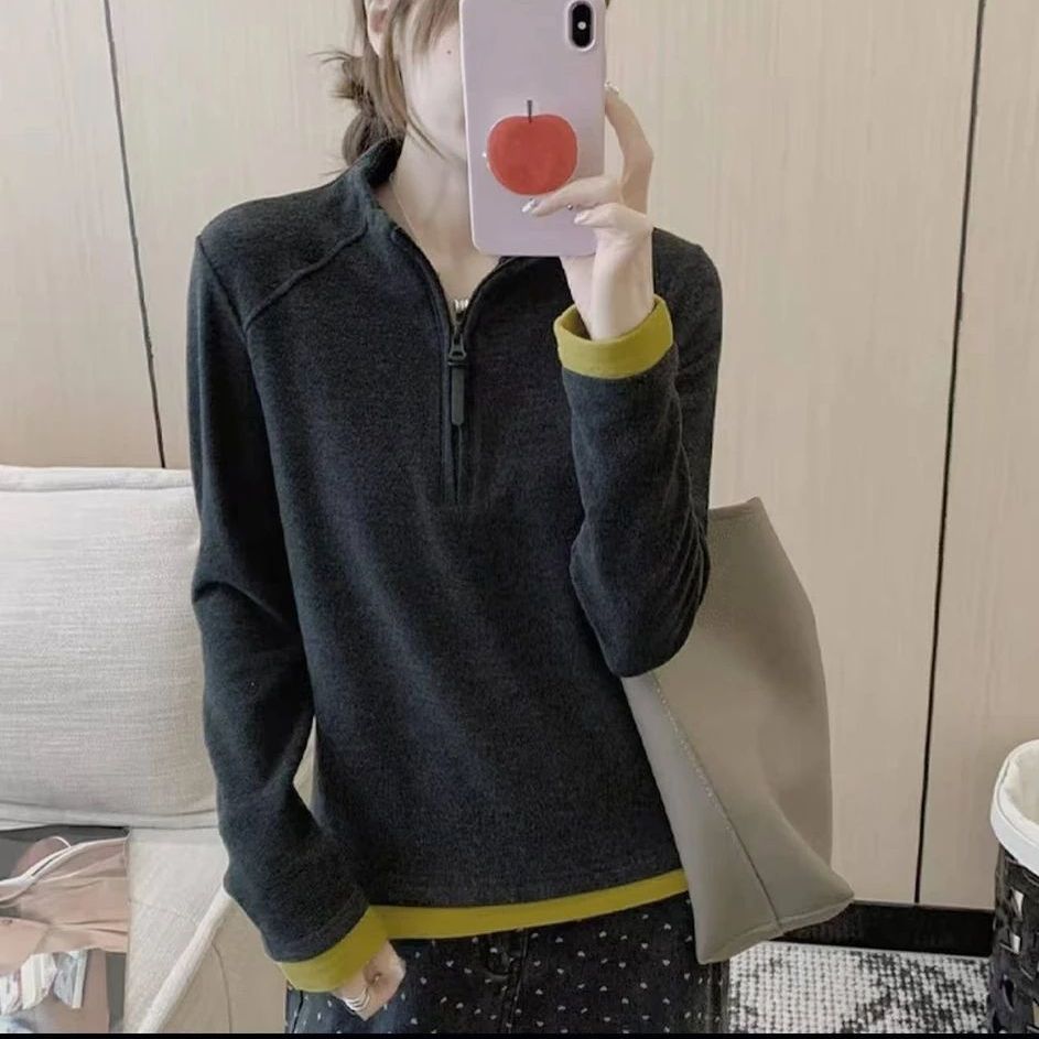 双面绒撞色拼接半拉链长袖T恤女