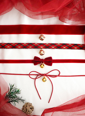 新年圣诞节蝴蝶结铃铛项链甜美项圈choker酒红颈链毛绒锁骨链