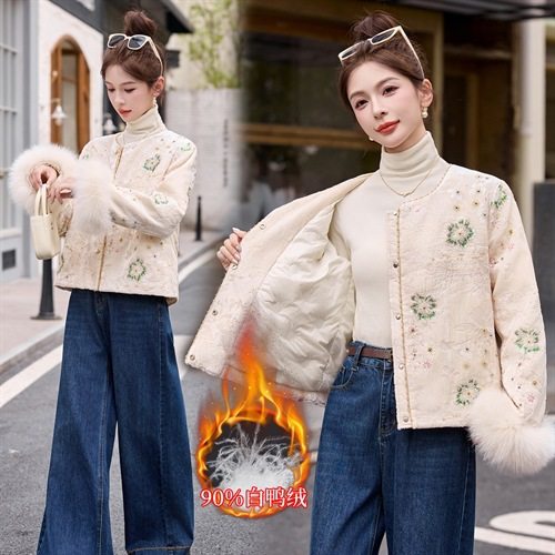 复古风羽绒服女2025冬装新中式钉珠刺绣外套狐狸毛90%白鸭绒,女装/女士精品,棉衣/棉服,淘宝优惠券,粉丝福利购,淘宝优惠卷