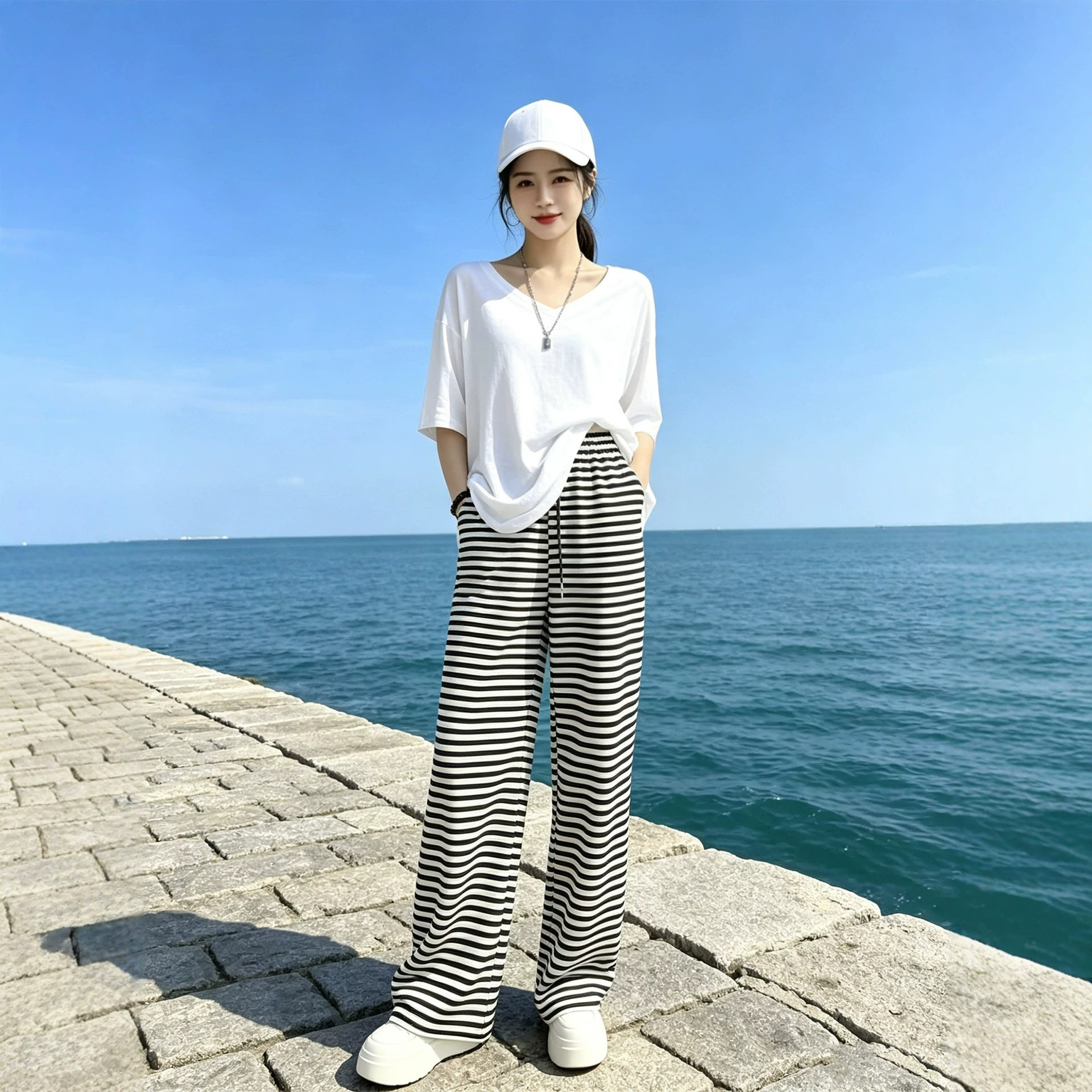 夏季休闲运动套装女2026新款韩系宽松上衣显瘦条纹阔图库两件套潮