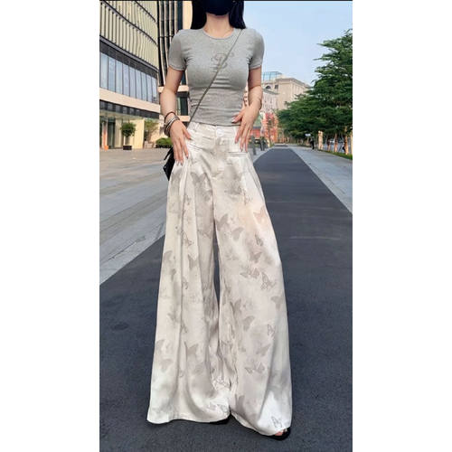 水墨蝴蝶印花阔腿裤女西装裤裙裤夏季新款拖地裤冰丝国风休闲裤子