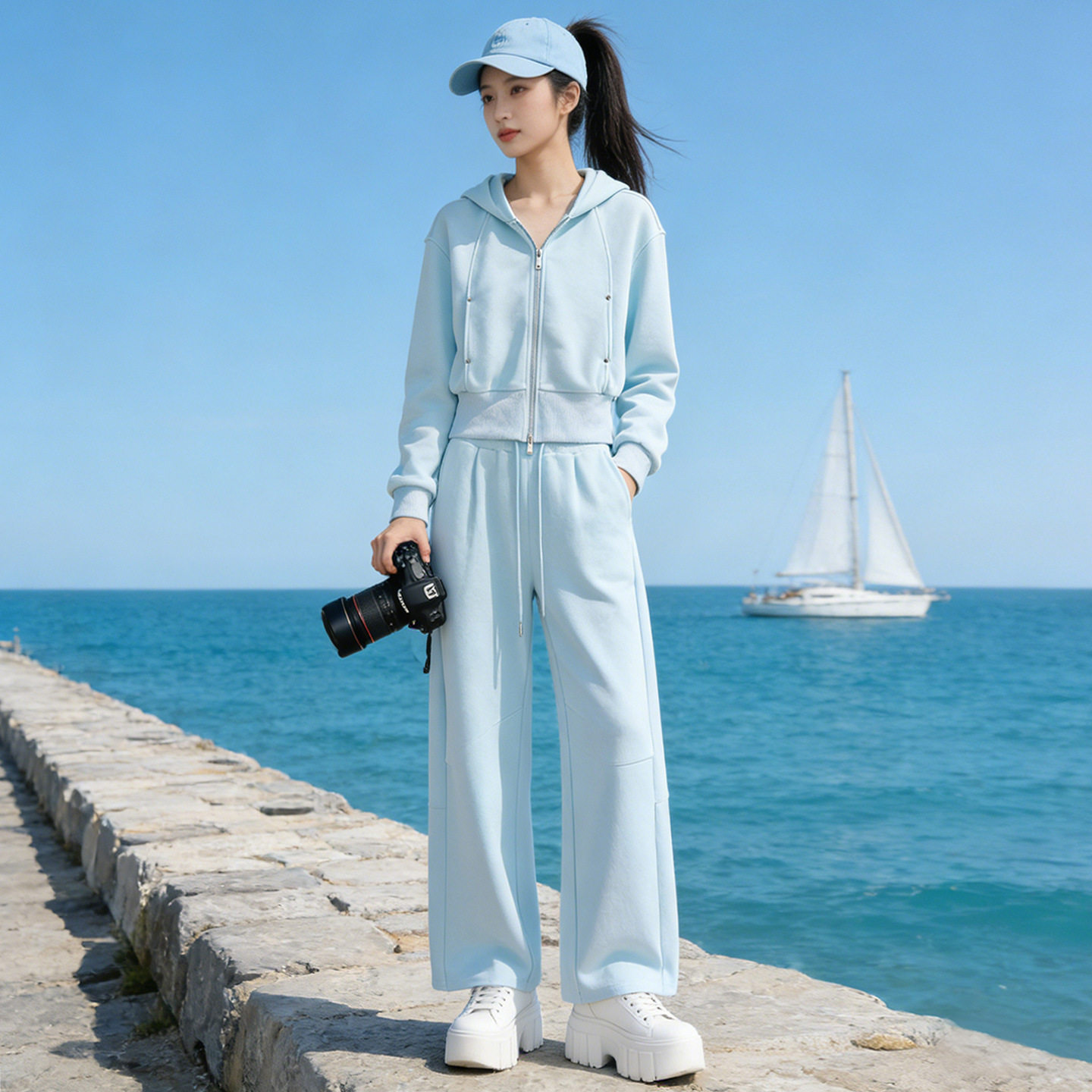 2026超火蓝色穿搭一整套洋气休闲运动连帽卫衣阔腿裤两件套女春秋