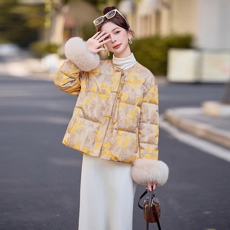 新中式国风盘扣时尚羽绒服女2025冬季新款狐狸毛拼接90羽绒服E802
